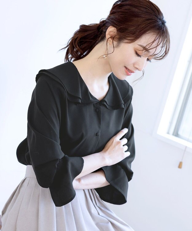 Tiaclasse L 【洗える】フレアカラーブラウス ブラック