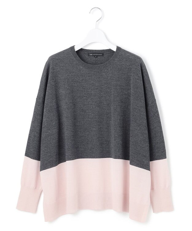 23区 S 【洗える】ウーステッドウール カラーブロック ニット チャコール×ピンク