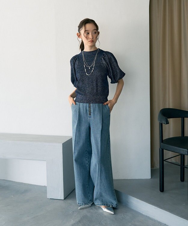 earth music&ecology ラメモールパフスリニットプルオーバー Navy