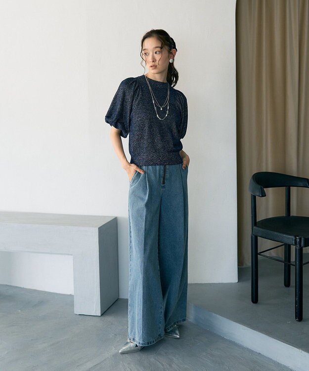 earth music&ecology ラメモールパフスリニットプルオーバー Navy