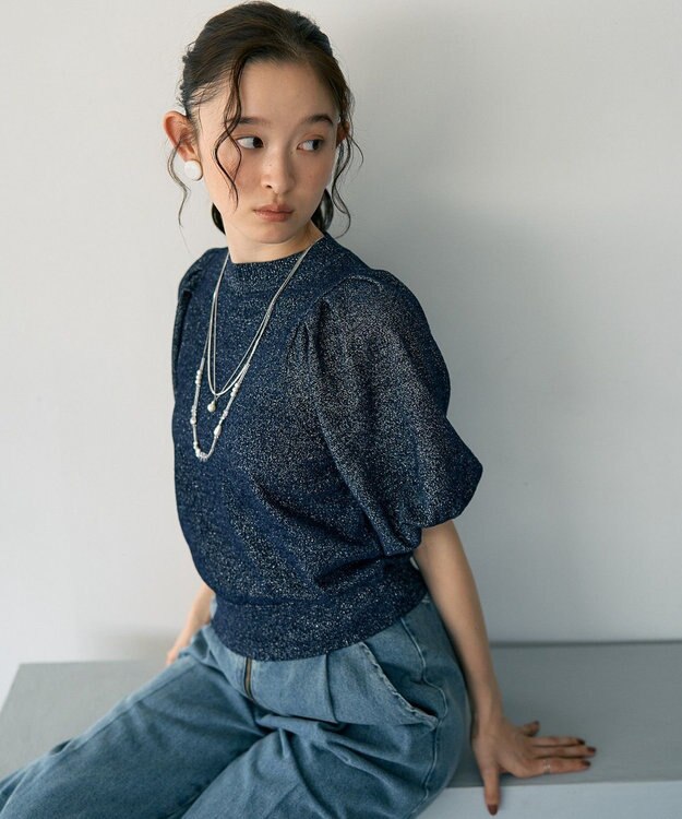 earth music&ecology ラメモールパフスリニットプルオーバー Navy