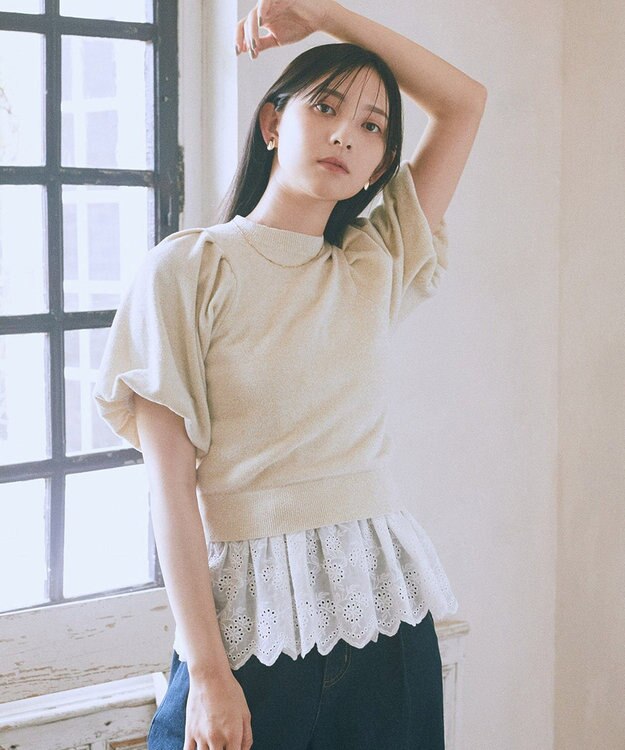 earth music&ecology ラメモールパフスリニットプルオーバー Ivory