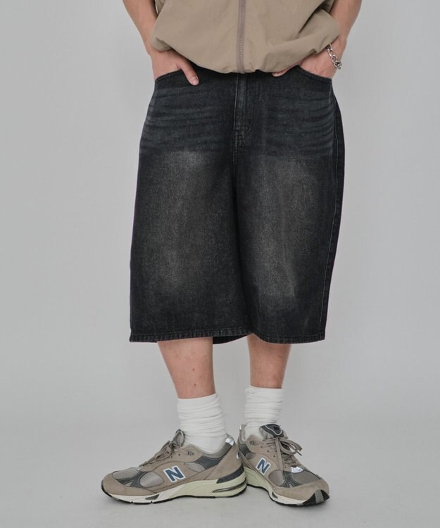 WEGO 【紐で調節可能】スーパーバギーデニムショーツ デニムブラック