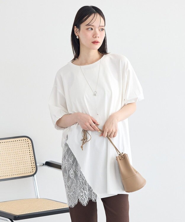 earth music&ecology アシメレースビッグTシャツ Off White