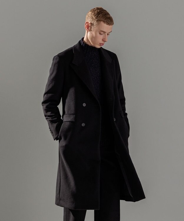 JOSEPH HOMME 【WEB限定】グロッシーウール　ダブルブレストチェスターコート ブラック系