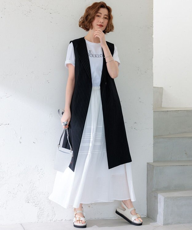 23区 【CLASSY.6月号掲載/洗える】リネンレーヨンストレッチ ジレ ブラックストライプ