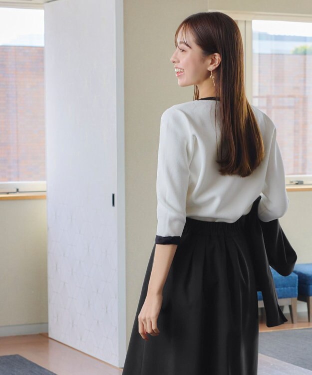 Tiaclasse 【洗える】リボン袖配色ニットトップス オフホワイト×ブラック