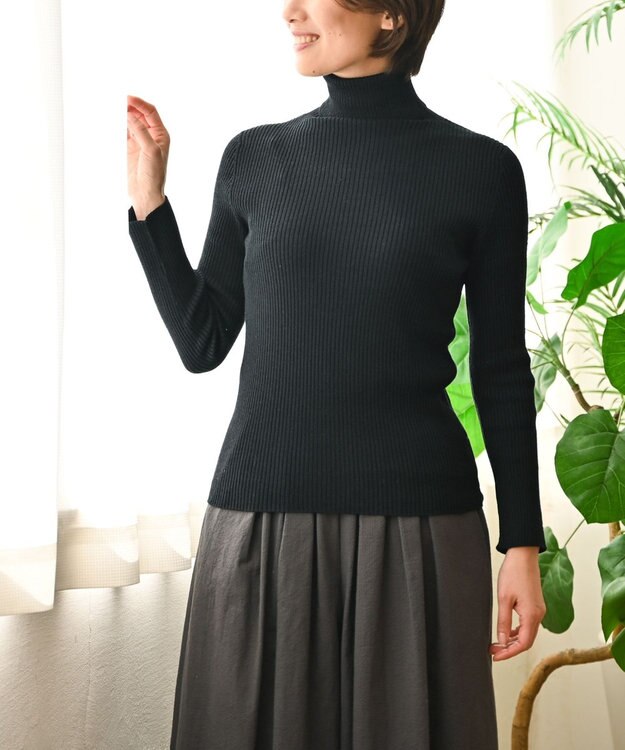 muuc 〈洗えるニット〉〈肌に優しいニット〉〈カシミヤ×シルク×ウール〉〈通年着られるニット〉リブ編みタートルネックニットプルオーバー ブラック