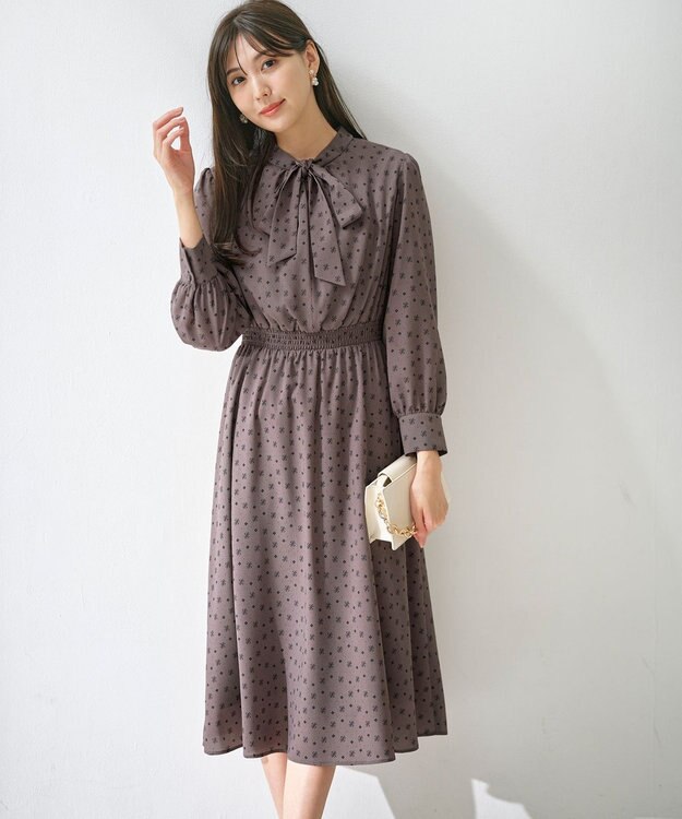 ANY SIS 【洗える】2WAYボウプリント ワンピース チャコール系