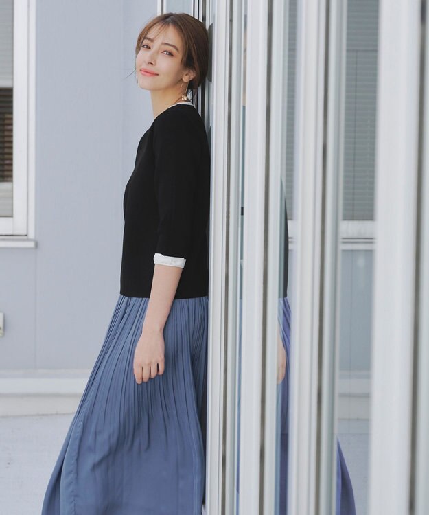 Tiaclasse 【洗える】リボン袖配色ニットトップス ブラック×オフホワイト