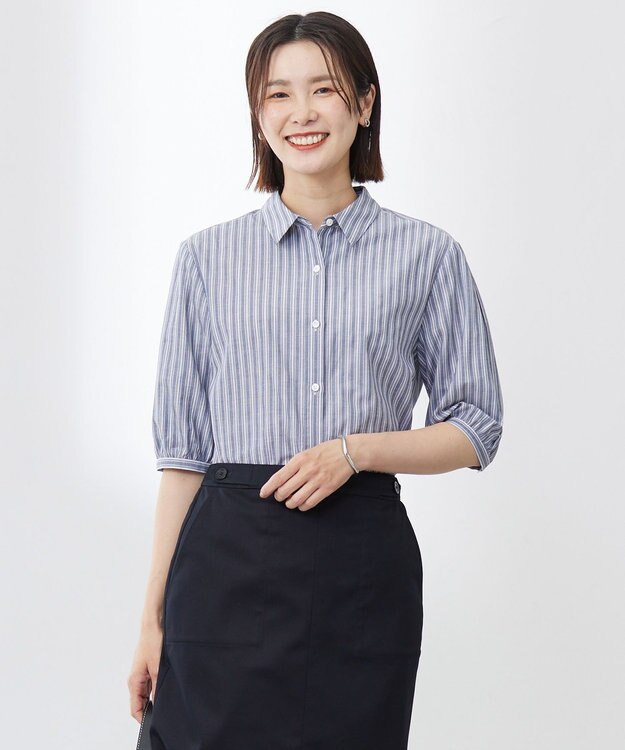 J.PRESS LADIES 【洗える】BEZ 空羽ストライプ シャツ ブラウス ネイビー系