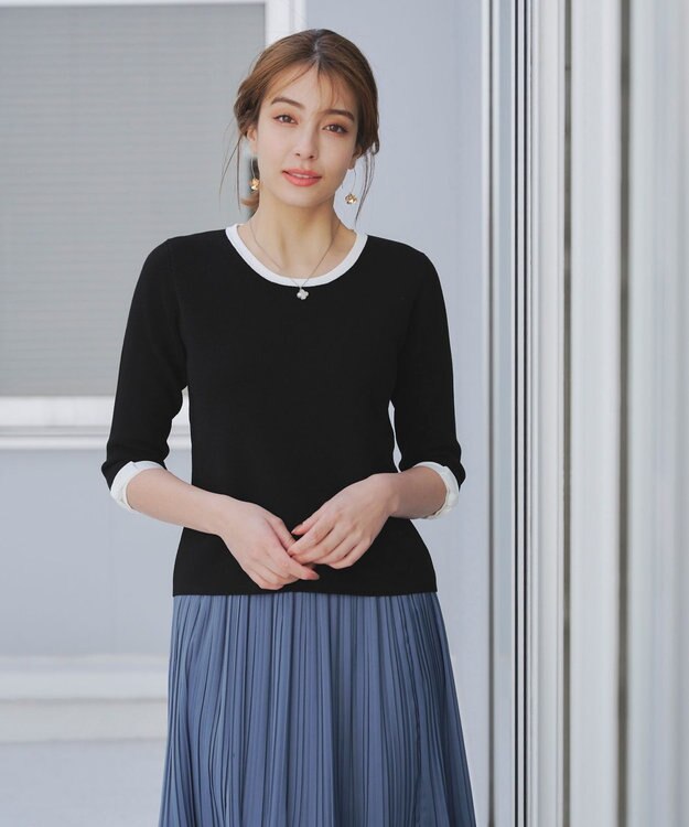 Tiaclasse 【洗える】リボン袖配色ニットトップス ブラック×オフホワイト