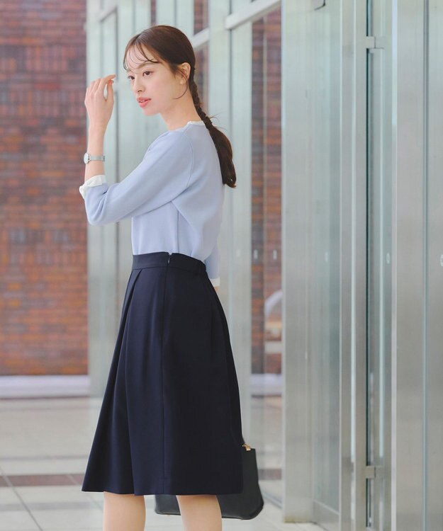 Tiaclasse 【洗える】リボン袖配色ニットトップス サックス×オフホワイト