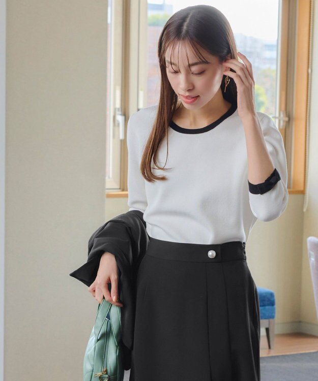 Tiaclasse 【洗える】リボン袖配色ニットトップス オフホワイト×ブラック