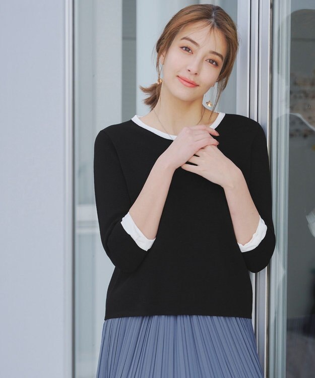 Tiaclasse 【洗える】リボン袖配色ニットトップス ブラック×オフホワイト