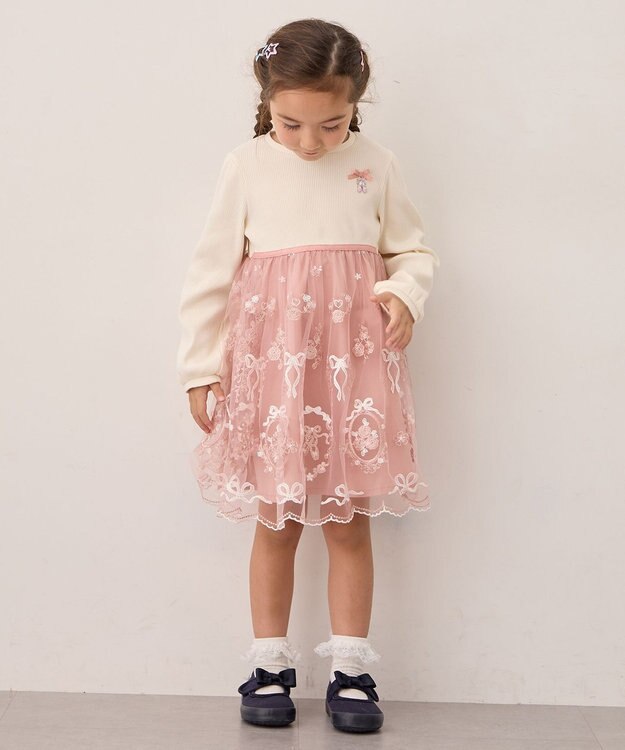 ANY KIDS バレエ刺繍チュールワンピース ホワイト×ピンク