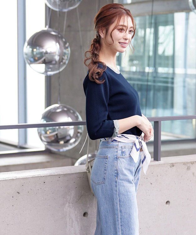 Tiaclasse 【洗える】リボン袖配色ニットトップス ネイビー×グレー