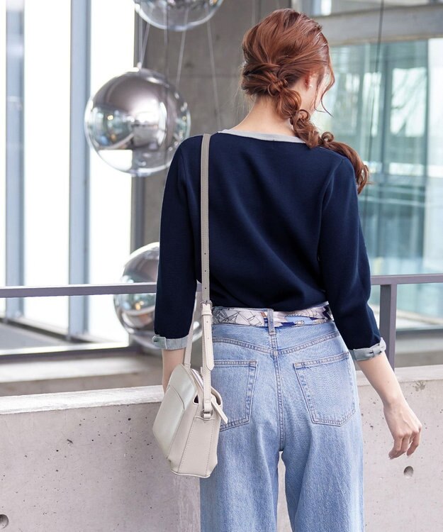 Tiaclasse 【洗える】リボン袖配色ニットトップス ネイビー×グレー