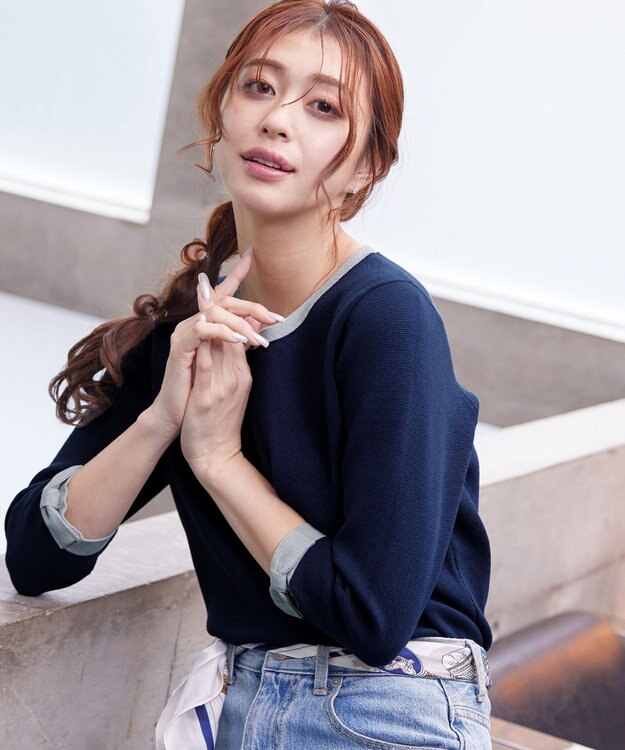 Tiaclasse 【洗える】リボン袖配色ニットトップス ネイビー×グレー