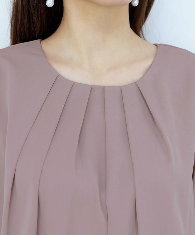 Tiaclasse L 【洗える】リボン付きタックスリーブチュニックブラウス グレージュ