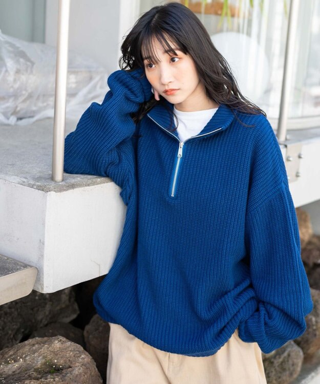 WEGO ルーズフィットハーフZIPプルオーバー ブルー