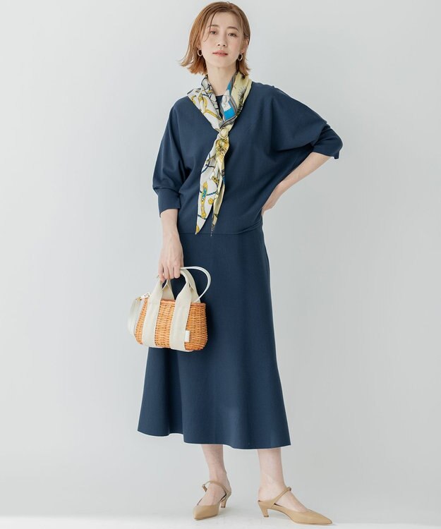 23区 【洗える】テンセルストレッチ フレア ニットスカート ブルー系