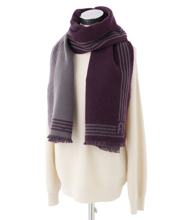 MOONBAT FURLA ウール100%リバーシブルジャカードマフラー/幅40cm ダークパープル