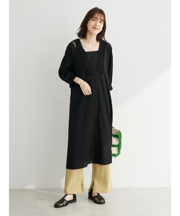Green Parks Ｉ　胸元レース７分袖ワンピース Black