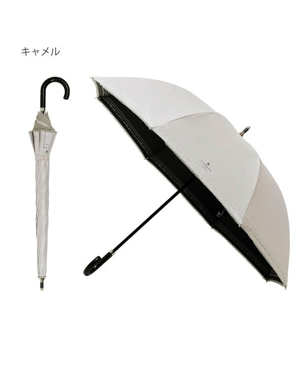 MOONBAT 【遮光率100％/遮熱/UV】LANVIN en Bleu (ランバン オン ブルー)晴雨兼用日傘 ピコレース シルバーラメ刺繍 長傘 キャメル