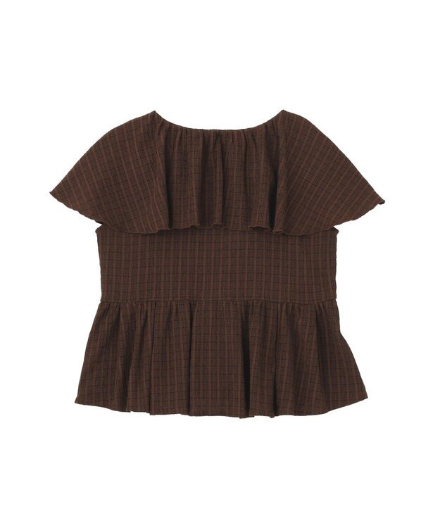 earth music&ecology チェックラッフルカラーペプラムカットブラウス Check Brown