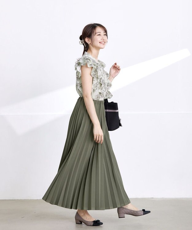 Tiaclasse 【新色追加・洗える】花柄フリルシャツブラウス グレージュ