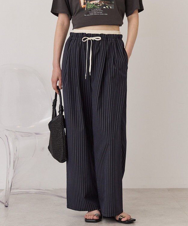 AMERICAN HOLIC 【マルチ機能】Wウエストパンツ Stripe Navy