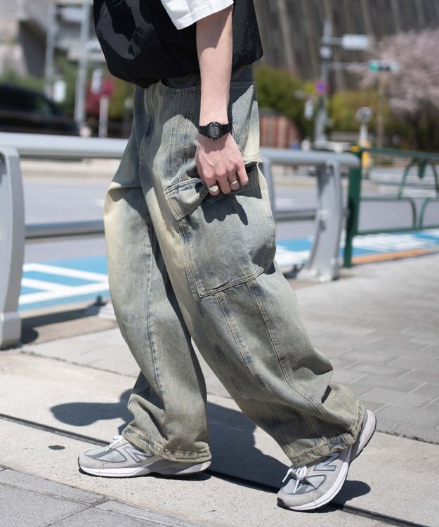 WEGO 【SMLサイズ展開/ウエスト紐】イージー3Dバレルレッグデニムカーゴパンツ デニム淡加工色