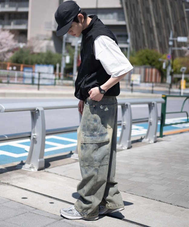 WEGO 【SMLサイズ展開/ウエスト紐】イージー3Dバレルレッグデニムカーゴパンツ デニム淡加工色