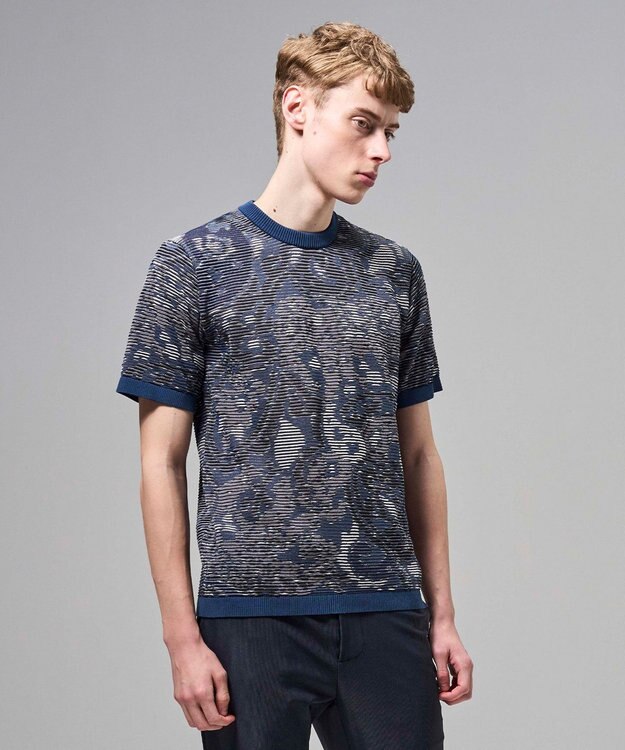 JOSEPH HOMME オリエンタルブラインドジャガード　クルーネック半袖ニットTEE ネイビー系