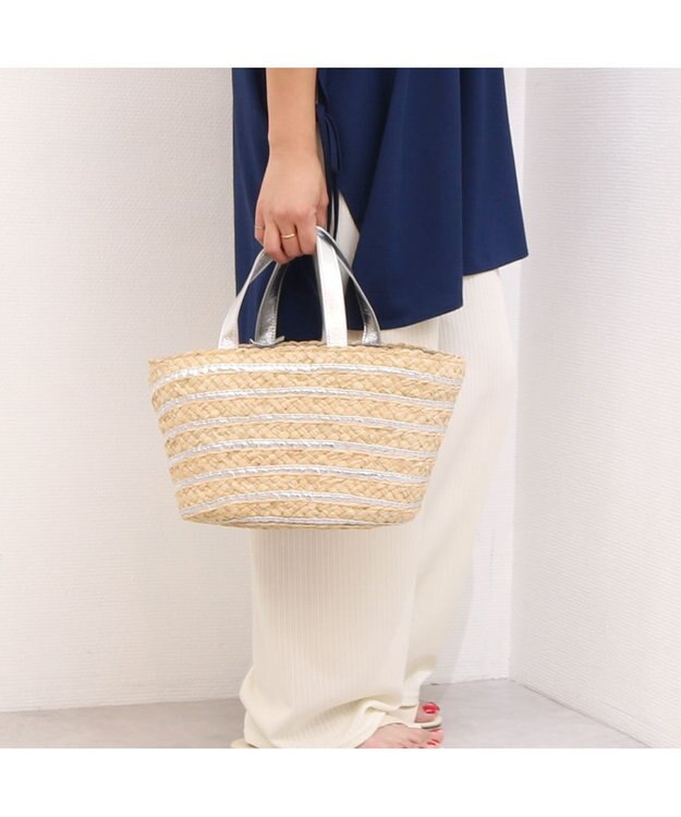 UNBILLION カシュカシュ cachecache / メタリックボーダーラフィアカゴバッグ シルバー