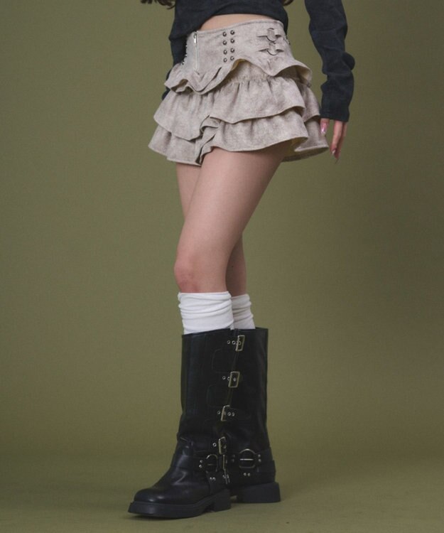 WEGO スタッズフリルティアードミニスカパン ベージュ