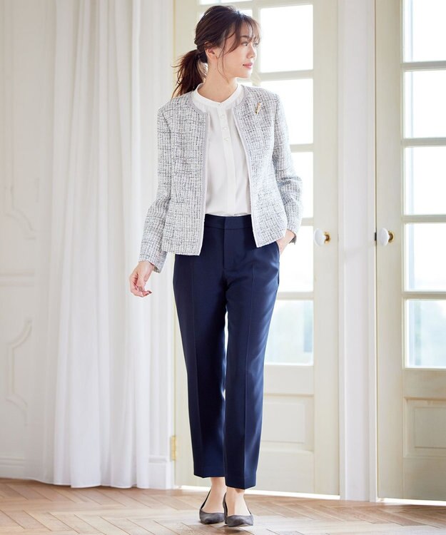 J.PRESS LADIES ファンシーツイード ノーカラー ジャケット ホワイト系1