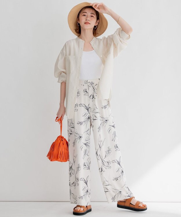 23区 【洗える】ラインフラワープリント ワイドパンツ アイボリープリント