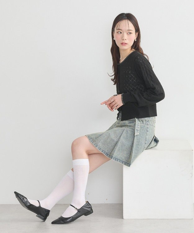 earth music&ecology シアースカラップ透かし編みカーディガン Black