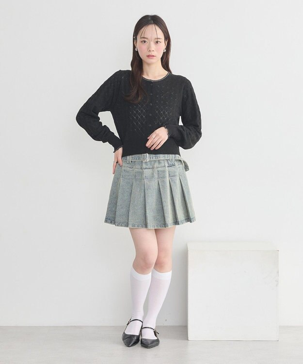 earth music&ecology シアースカラップ透かし編みカーディガン Black