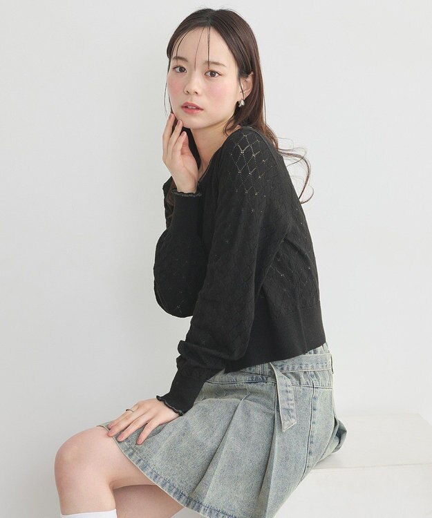 earth music&ecology シアースカラップ透かし編みカーディガン Black