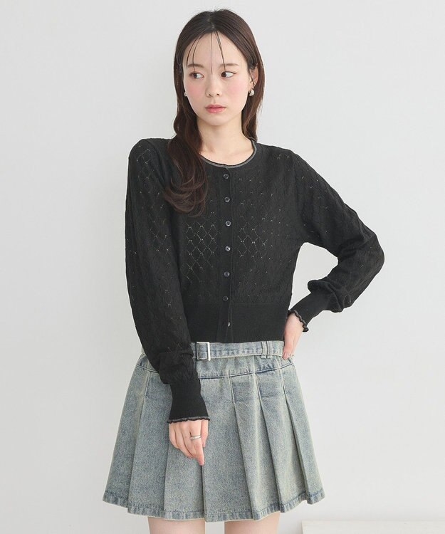 earth music&ecology シアースカラップ透かし編みカーディガン Black