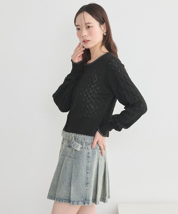 earth music&ecology シアースカラップ透かし編みカーディガン Black