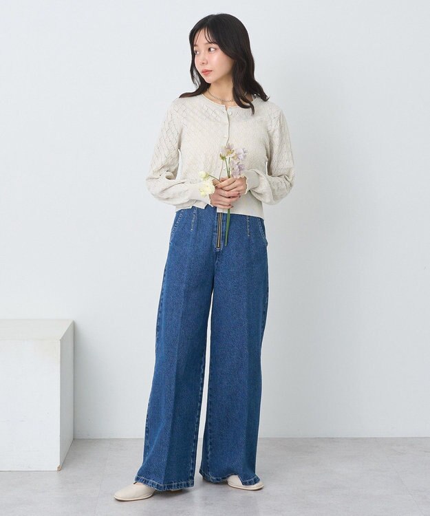 earth music&ecology シアースカラップ透かし編みカーディガン Ivory