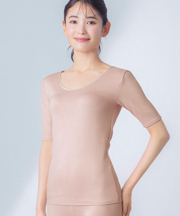 Wing あったかインナー 綿100％(肌側) 軽い シルクプロテイン加工 5分袖 半袖 秋 冬 EL2550 ウイング／ワコール ピーチ