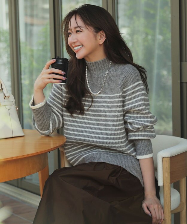 ANY SIS L ハイネックAir ニット ライトグレー×アイボリー