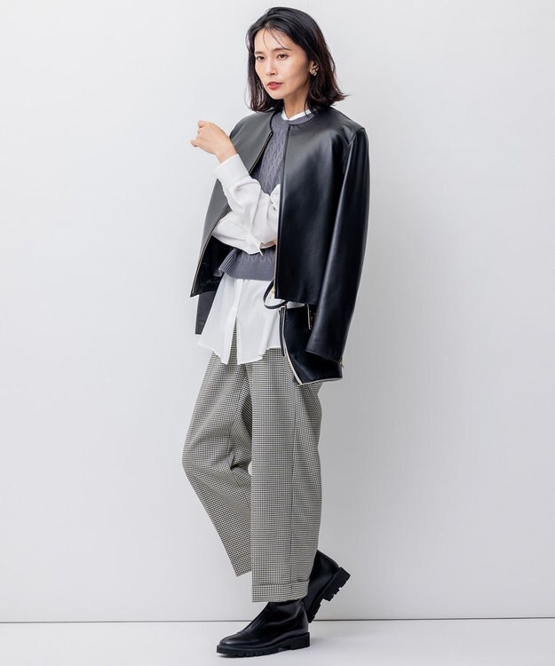 23区 ラムレザー ノーカラー ブルゾン ブラック系