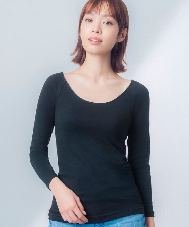 Wing あったかインナー オーガニックコットン混 やわらかくやさしい肌ざわり 【綿の贅沢オーガニック】 綿混 ネックひろめ 8分袖 長袖 秋 冬 EL4931ウイング／ワコール ブラック