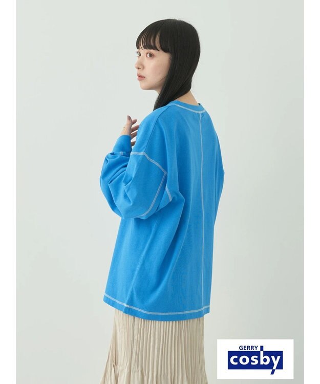 earth music&ecology Ｃｏｓｂｙ×ｅａｒｔｈ　配色ステッチロングＴシャツ Turquoise Blue